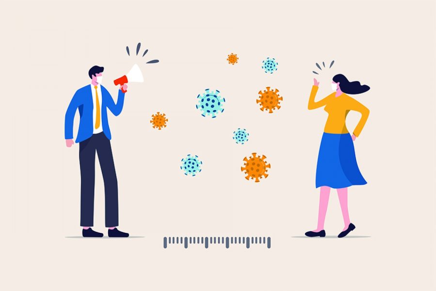A man and woman standing six feet apart talk to each other using megaphones, as COVID-19 molecules move around the space in between.